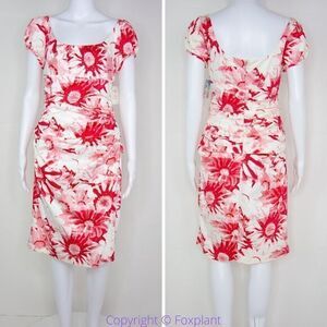 NEW Suzi Chin for Maggy Boutique white red floral print ruched dress, 10